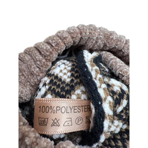 Leopard Print Knit Beanie With Faux Fur Pom Brown Ribbed