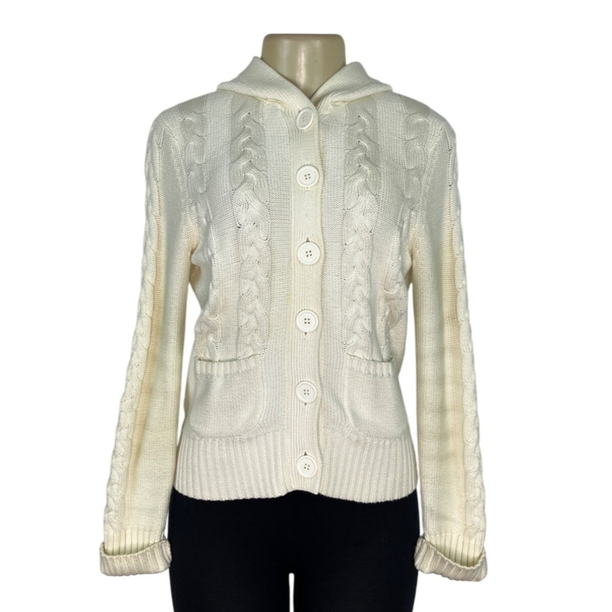 Loft White Hooded Cable Knit Cardigan Sweater With Button Front & Pockets Size S