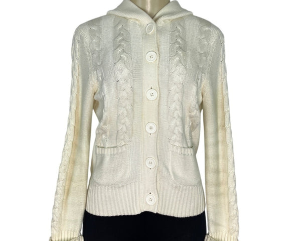 Loft White Hooded Cable Knit Cardigan Sweater With Button Front & Pockets Size S