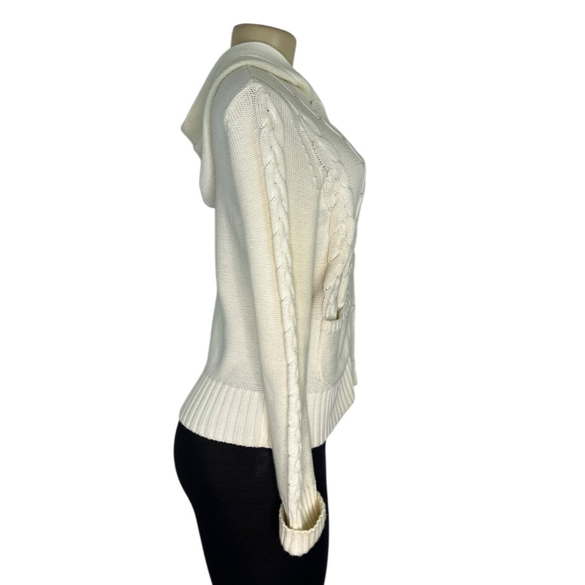 Loft White Hooded Cable Knit Cardigan Sweater With Button Front & Pockets Size S