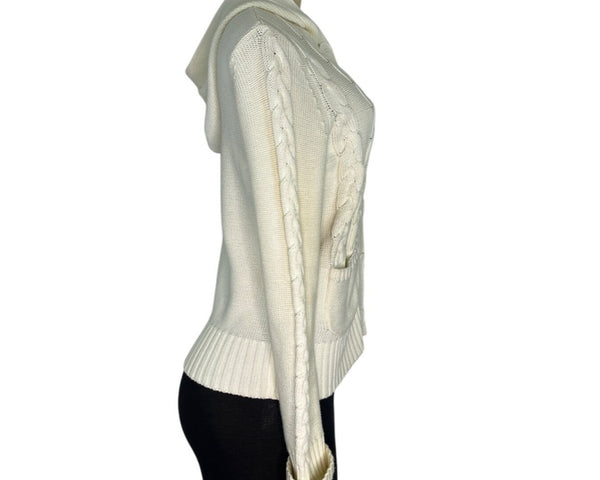 Loft White Hooded Cable Knit Cardigan Sweater With Button Front & Pockets Size S