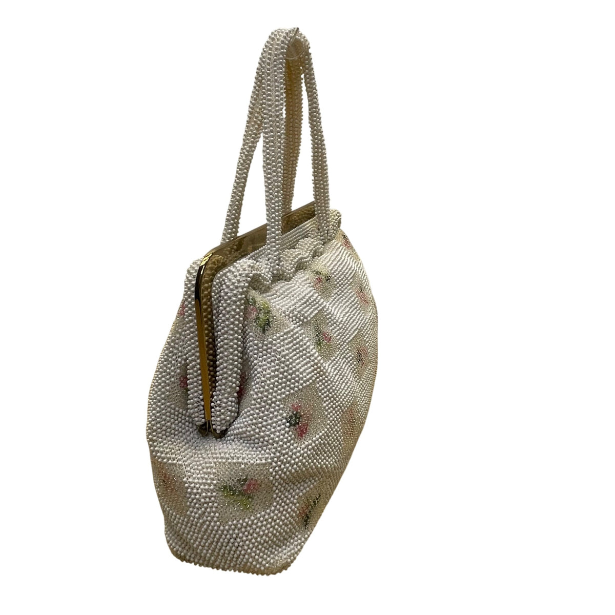 Petite-Bead Womens White Beaded Floral Vintage Scalloped Design Handbag