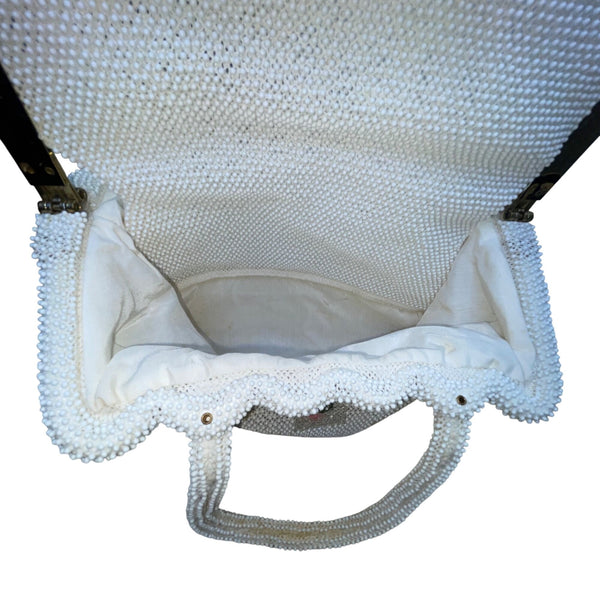 Petite-Bead Womens White Beaded Floral Vintage Scalloped Design Handbag
