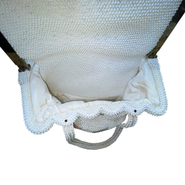 Petite-Bead Womens White Beaded Floral Vintage Scalloped Design Handbag