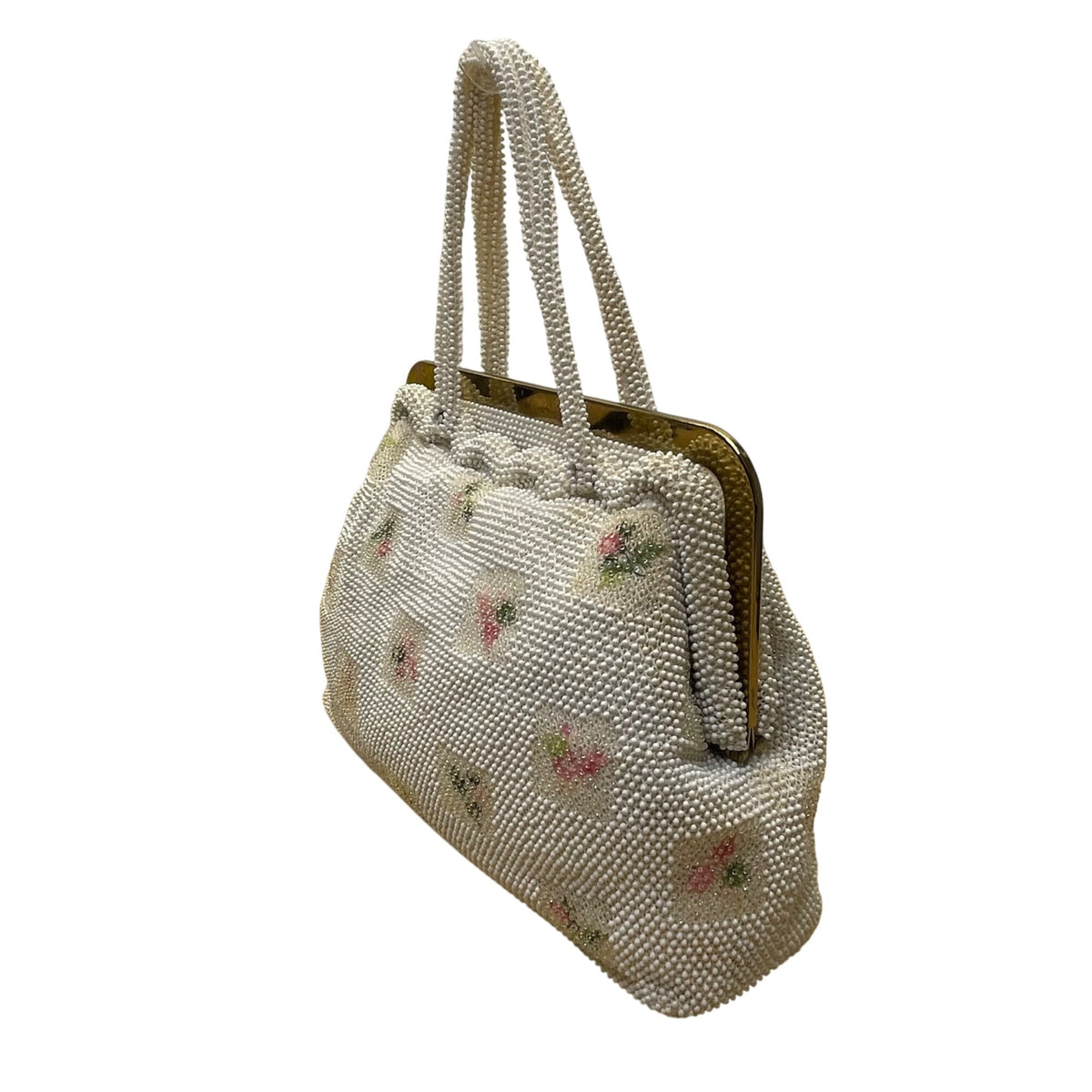Petite-Bead Womens White Beaded Floral Vintage Scalloped Design Handbag
