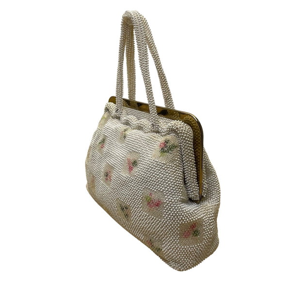 Petite-Bead Womens White Beaded Floral Vintage Scalloped Design Handbag