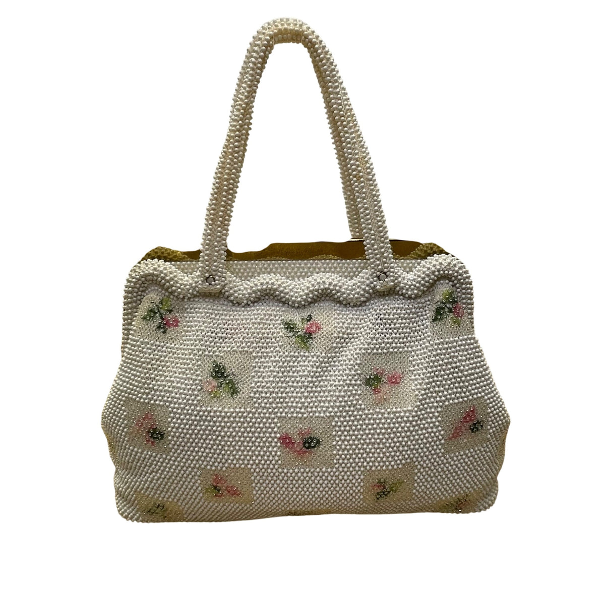 Petite-Bead Womens White Beaded Floral Vintage Scalloped Design Handbag