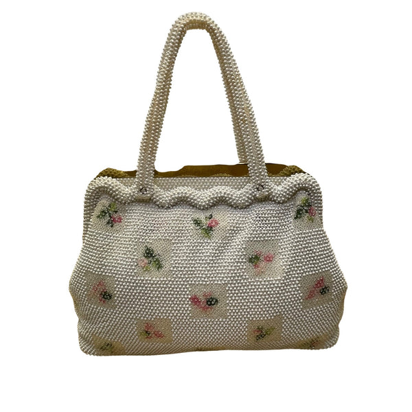 Petite-Bead Womens White Beaded Floral Vintage Scalloped Design Handbag