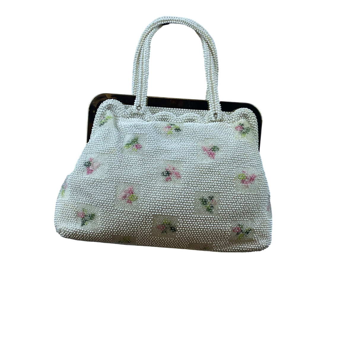 Petite-Bead Womens White Beaded Floral Vintage Scalloped Design Handbag