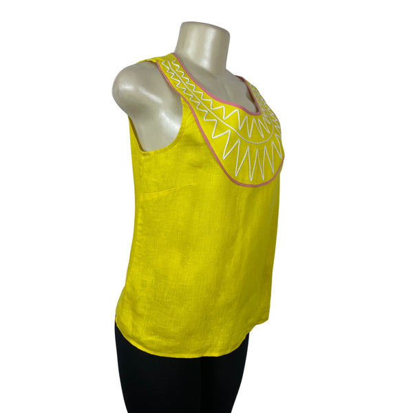 Boden Yellow Linen Sleeveless Top With Pink Trim & Embroidered Size US 6