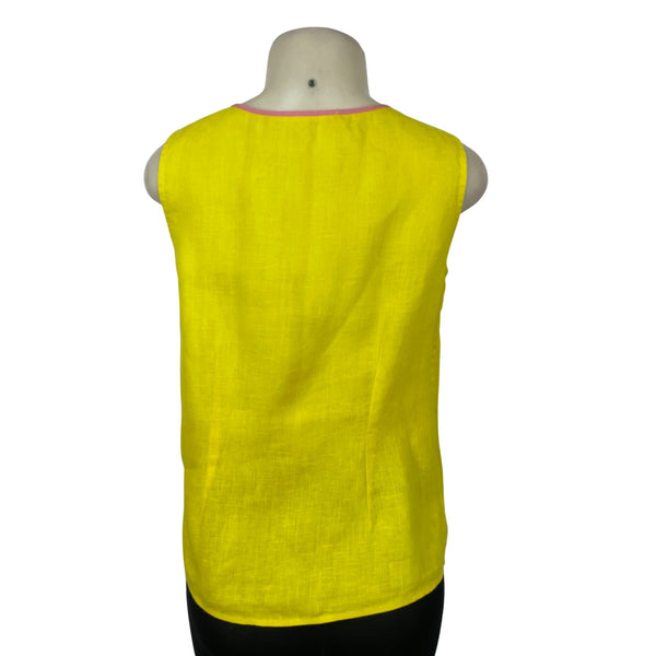 Boden Yellow Linen Sleeveless Top With Pink Trim & Embroidered Size US 6