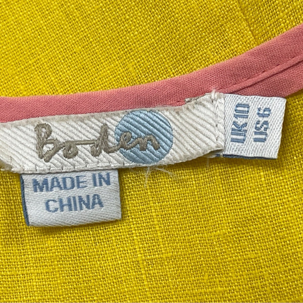 Boden Yellow Linen Sleeveless Top With Pink Trim & Embroidered Size US 6