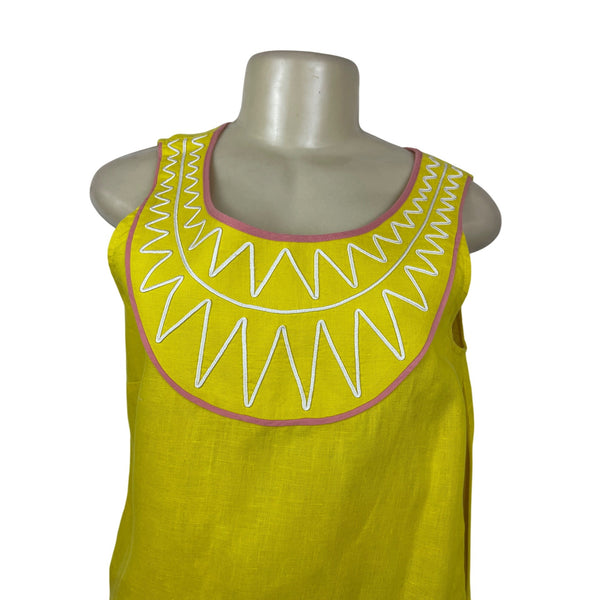 Boden Yellow Linen Sleeveless Top With Pink Trim & Embroidered Size US 6