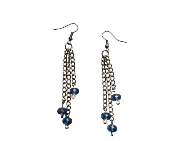 Blue Bead Chain Dangle Earrings With Fishhook Backings Lightweight Jewelry