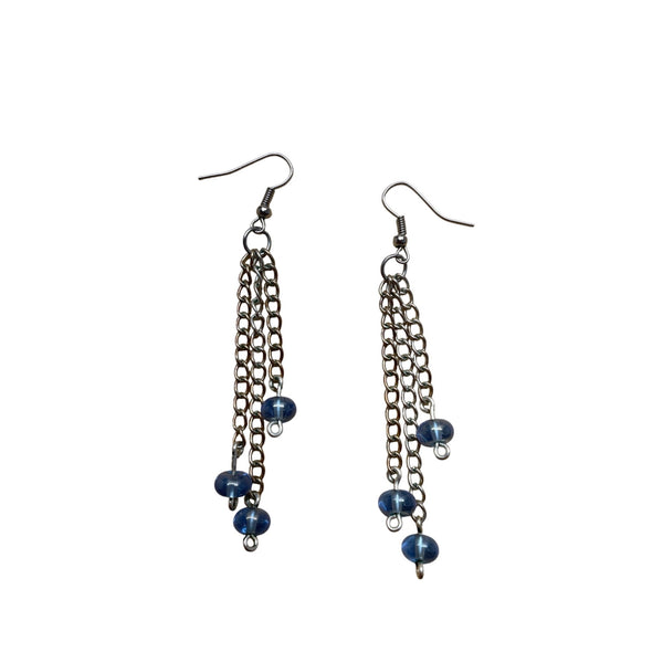 Blue Bead Chain Dangle Earrings With Fishhook Backings Lightweight Jewelry