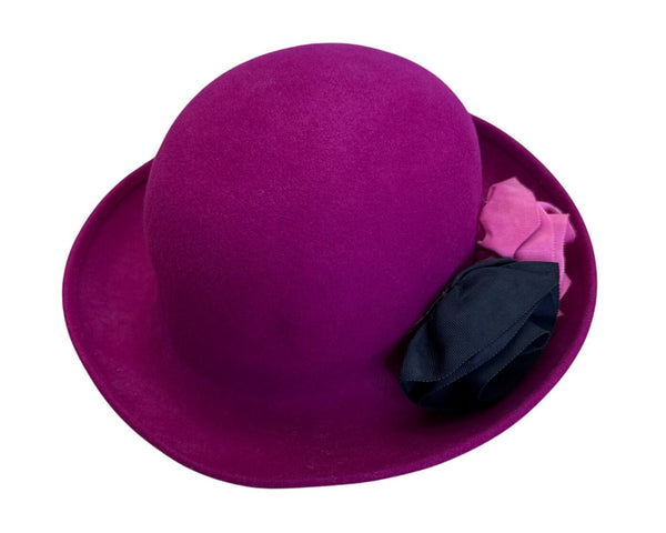 Magenta Wool Bowler Hat With Black & Pink Flower Accents