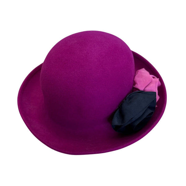 Magenta Wool Bowler Hat With Black & Pink Flower Accents