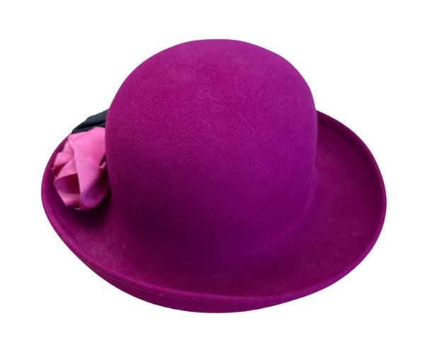 Magenta Wool Bowler Hat With Black & Pink Flower Accents