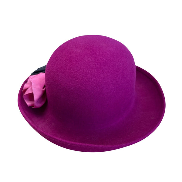 Magenta Wool Bowler Hat With Black & Pink Flower Accents
