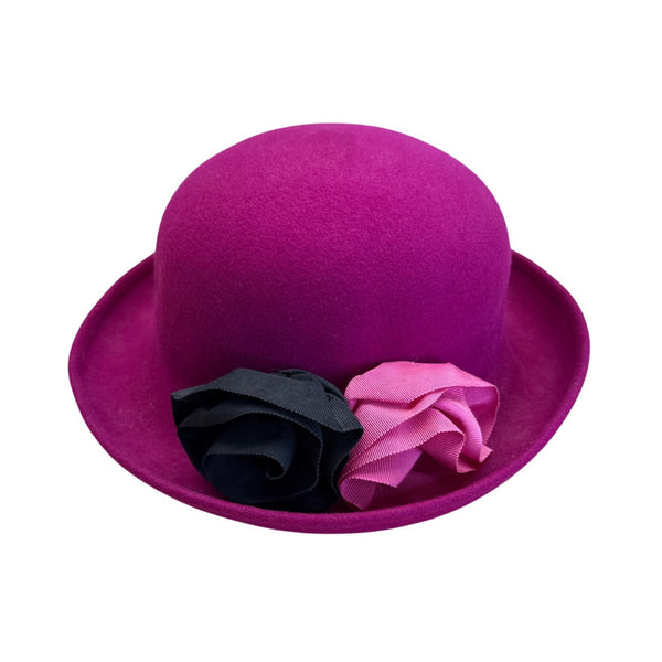 Magenta Wool Bowler Hat With Black & Pink Flower Accents