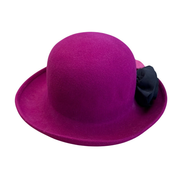 Magenta Wool Bowler Hat With Black & Pink Flower Accents