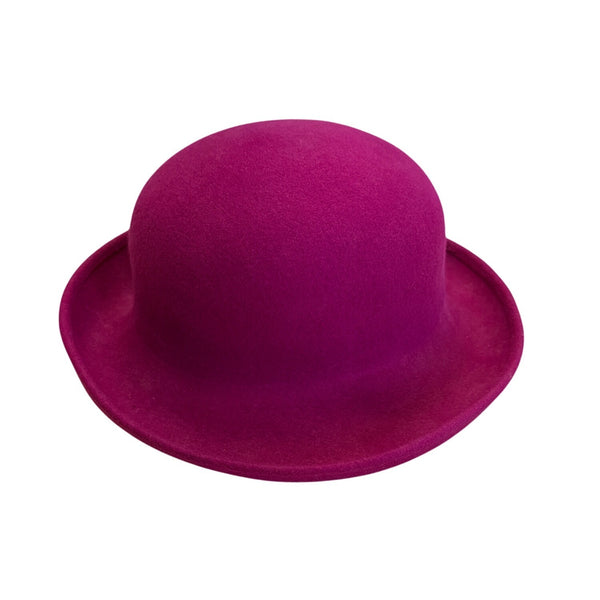 Magenta Wool Bowler Hat With Black & Pink Flower Accents