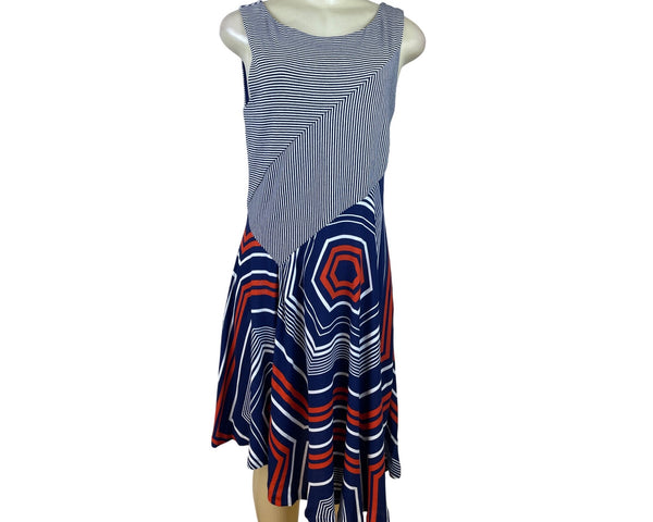 Maeve Women's Navy Sleeveless Assymetrical Dress With Geometric Patterns Sz M