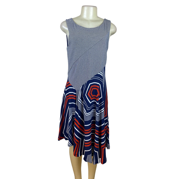 Maeve Women's Navy Sleeveless Assymetrical Dress With Geometric Patterns Sz M