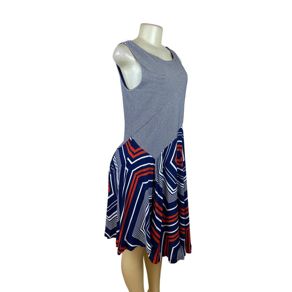 Maeve Women's Navy Sleeveless Assymetrical Dress With Geometric Patterns Sz M