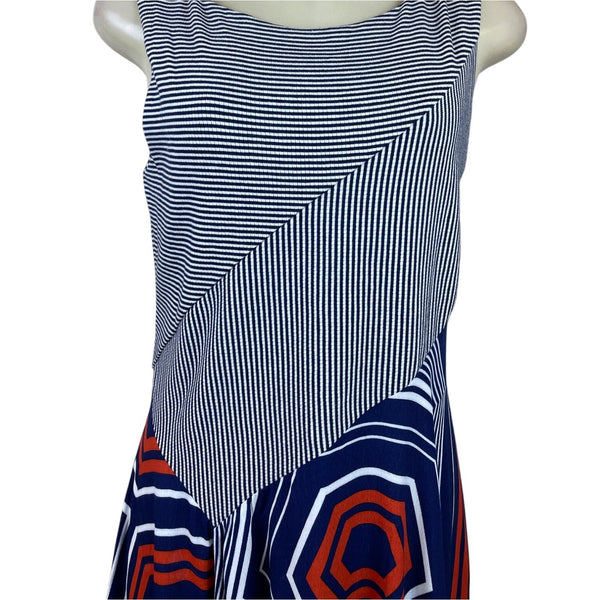 Maeve Women's Navy Sleeveless Assymetrical Dress With Geometric Patterns Sz M