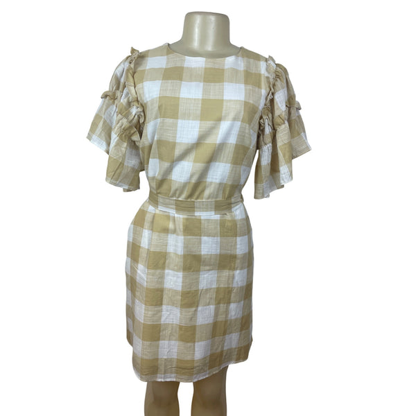 Who What Wear Yellow & White Gingham Ruffle Sleeve Dress With Waist Tie Size S