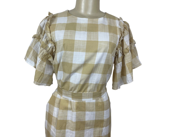Who What Wear Yellow & White Gingham Ruffle Sleeve Dress With Waist Tie Size S