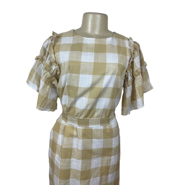 Who What Wear Yellow & White Gingham Ruffle Sleeve Dress With Waist Tie Size S