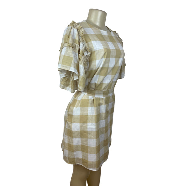 Who What Wear Yellow & White Gingham Ruffle Sleeve Dress With Waist Tie Size S