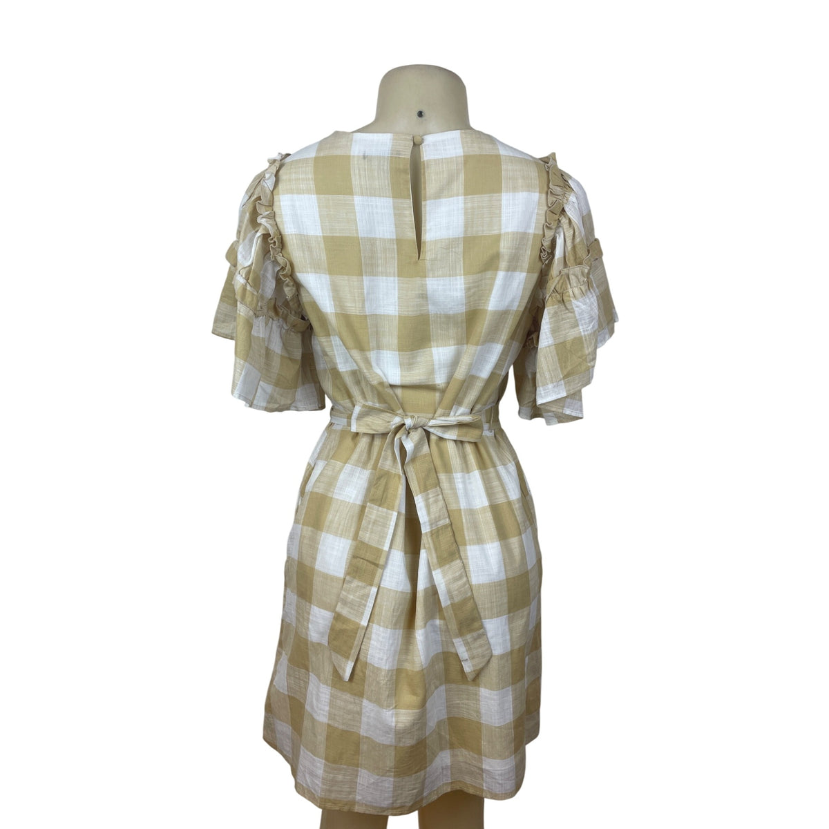 Who What Wear Yellow & White Gingham Ruffle Sleeve Dress With Waist Tie Size S