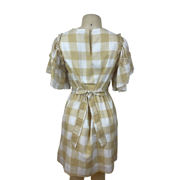 Who What Wear Yellow & White Gingham Ruffle Sleeve Dress With Waist Tie Size S