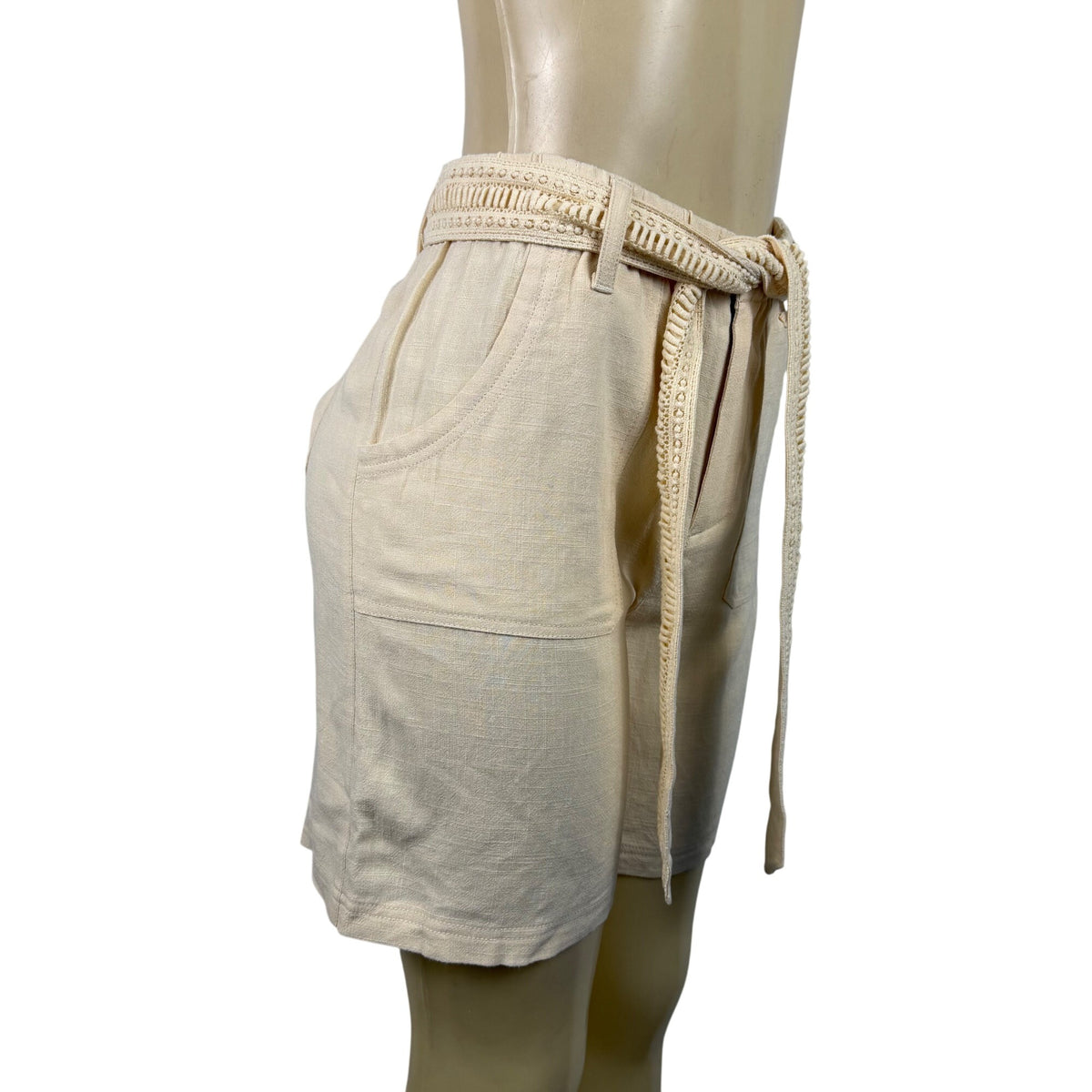 Soft Surroundings Womens Beige Rayon/Linen High-Waist Belted Shorts Size S - New