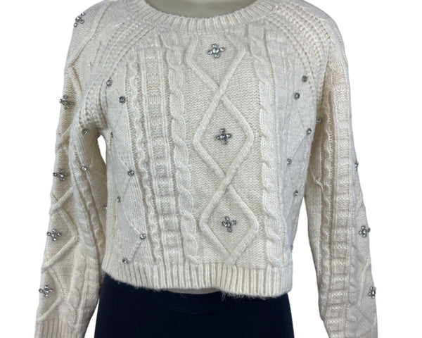 Astr The Label Womens Cream Cropped Cable Knit Sweater SZ XS