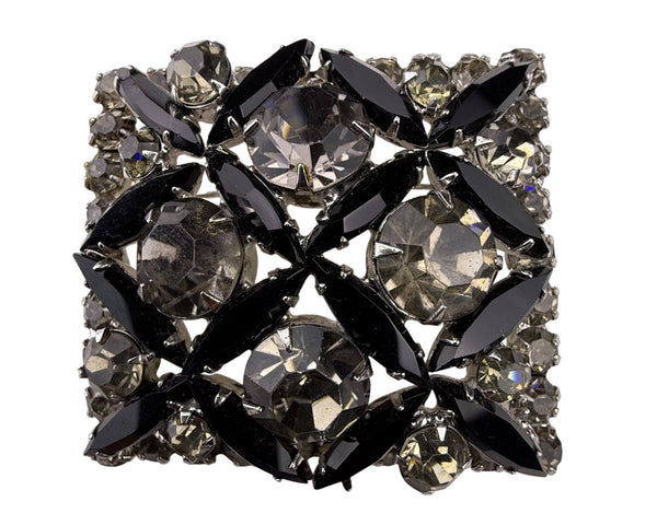 Antique Crystal & Black Marquise Rhinestone Silver Tone Square Pin Brooch