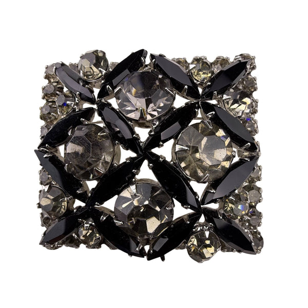 Antique Crystal & Black Marquise Rhinestone Silver Tone Square Pin Brooch