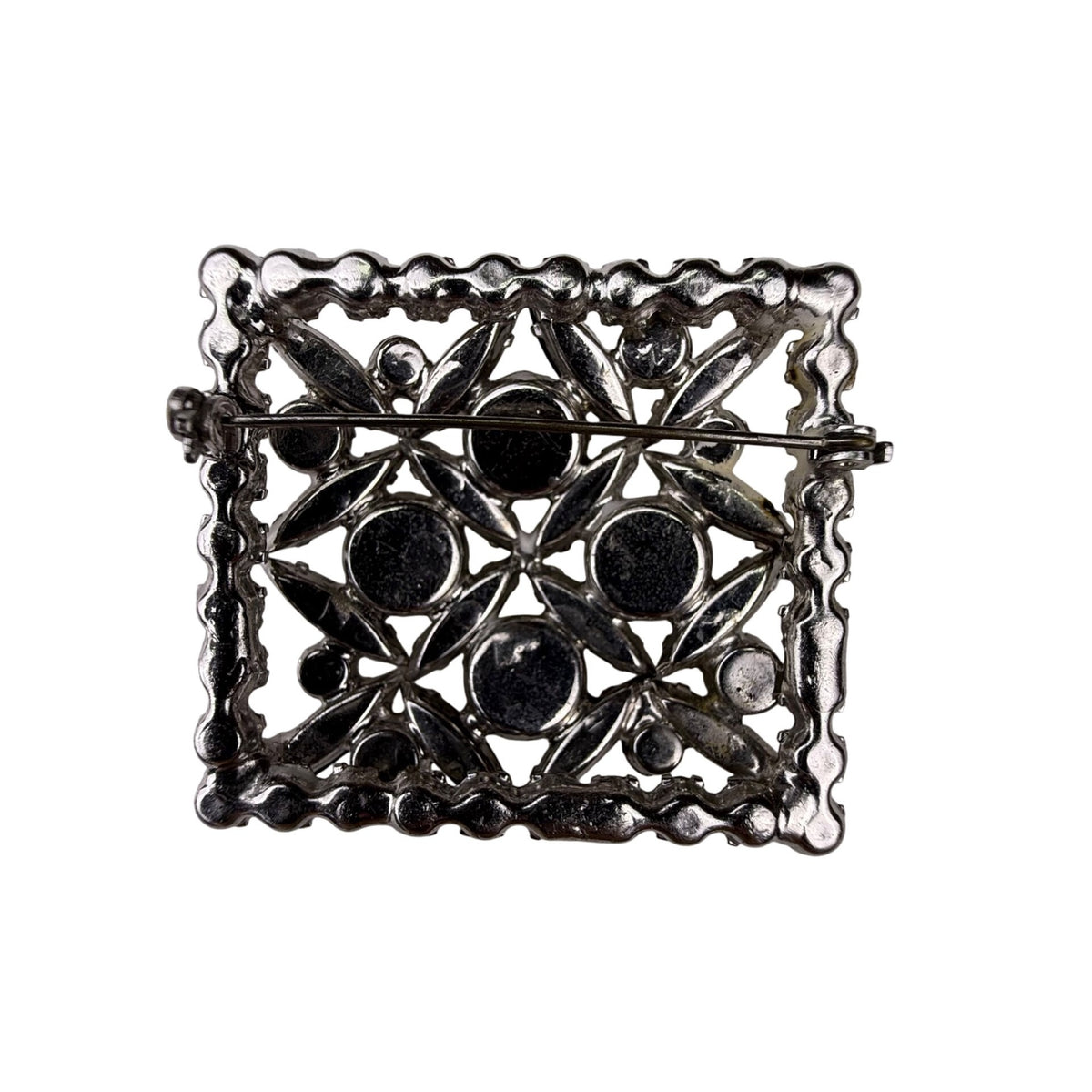 Antique Crystal & Black Marquise Rhinestone Silver Tone Square Pin Brooch