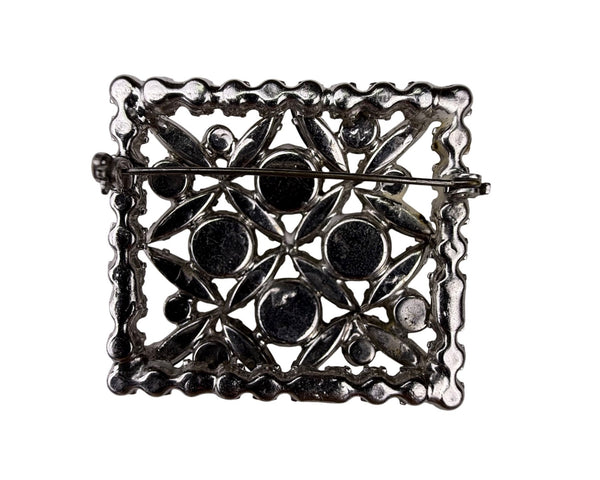 Antique Crystal & Black Marquise Rhinestone Silver Tone Square Pin Brooch