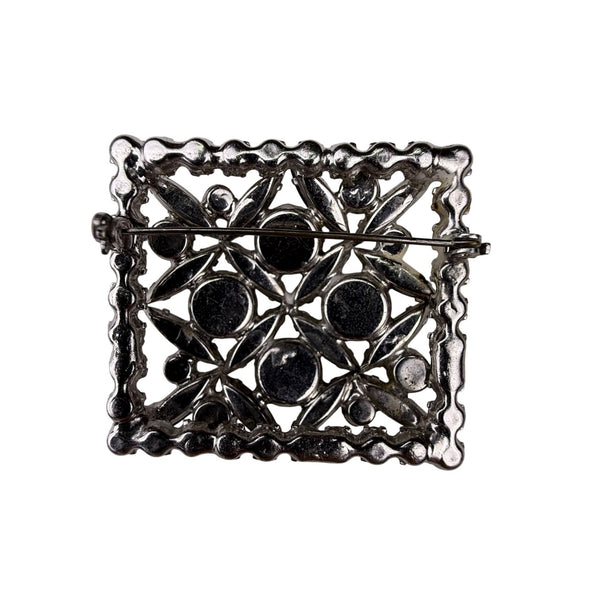 Antique Crystal & Black Marquise Rhinestone Silver Tone Square Pin Brooch