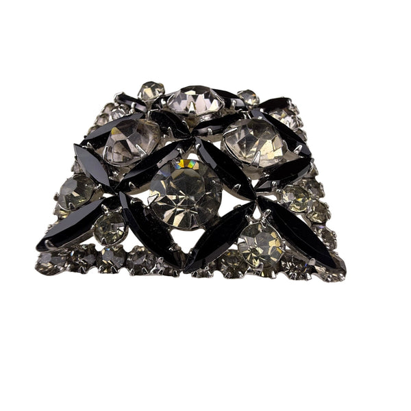 Antique Crystal & Black Marquise Rhinestone Silver Tone Square Pin Brooch