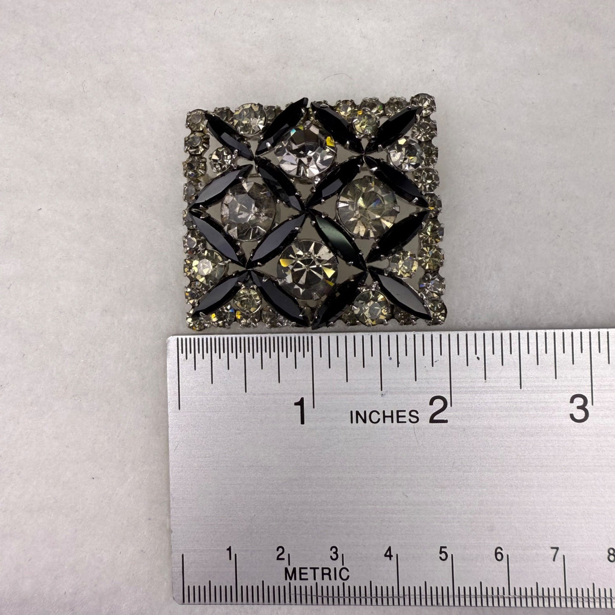 Antique Crystal & Black Marquise Rhinestone Silver Tone Square Pin Brooch