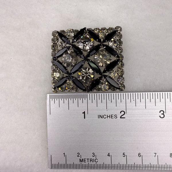 Antique Crystal & Black Marquise Rhinestone Silver Tone Square Pin Brooch