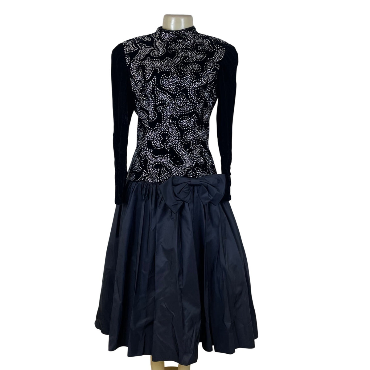 Vintage Nili Martin Womens Black Velvet & Taffeta Gown Dress With Sequins Sz 10