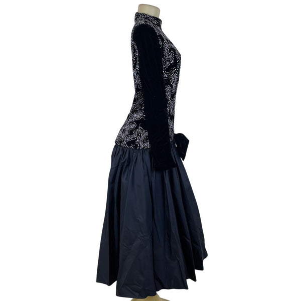 Vintage Nili Martin Womens Black Velvet & Taffeta Gown Dress With Sequins Sz 10