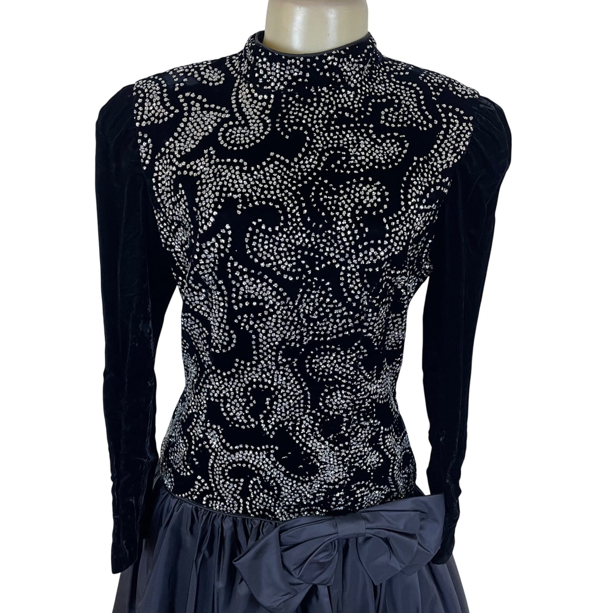 Vintage Nili Martin Womens Black Velvet & Taffeta Gown Dress With Sequins Sz 10