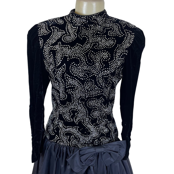 Vintage Nili Martin Womens Black Velvet & Taffeta Gown Dress With Sequins Sz 10